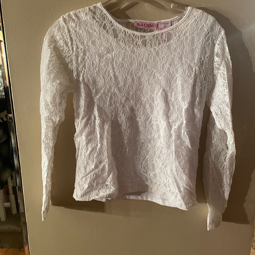 White 90s badge Lace Long Sleeve Top with attached undershirt
